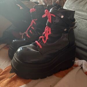 Demonia Black Platform Boots with Neon Pink Laces